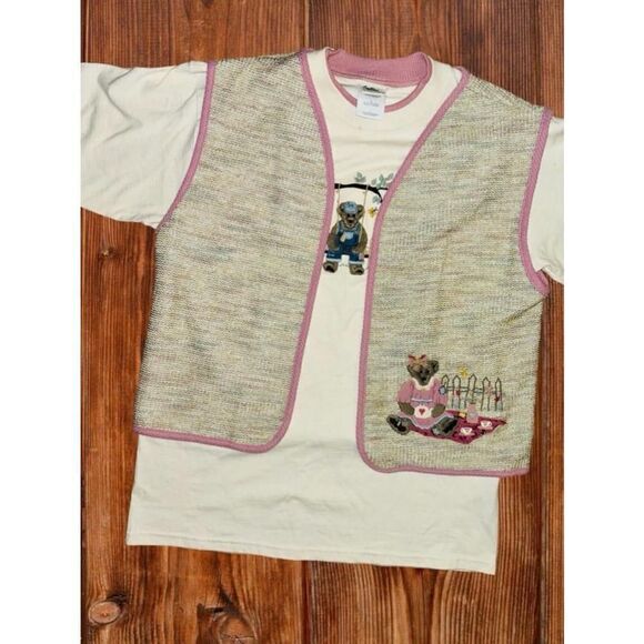 Suttons Womens Large Retro Waffle Knit Teddy Bear Vest & T-shirt Set Cottagecore - Picture 7 of 15